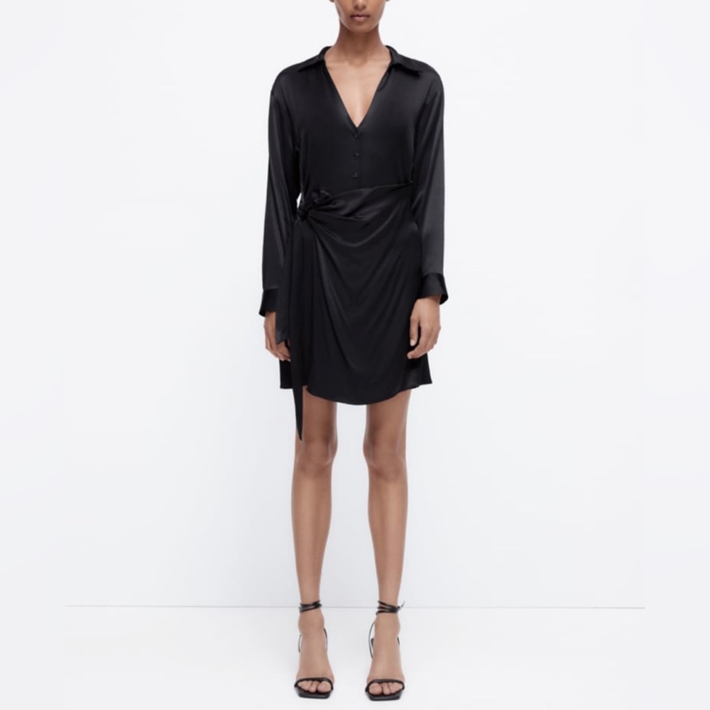 Zara - Size M, Black Satin Wrap Dress